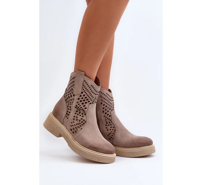 Zazoo 3470 Zamszowe Botki Damskie Na Płaskim Obcasie Ażurowe Cappuccino