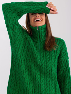 Zelený dlhý sveter s káblami a zipsom