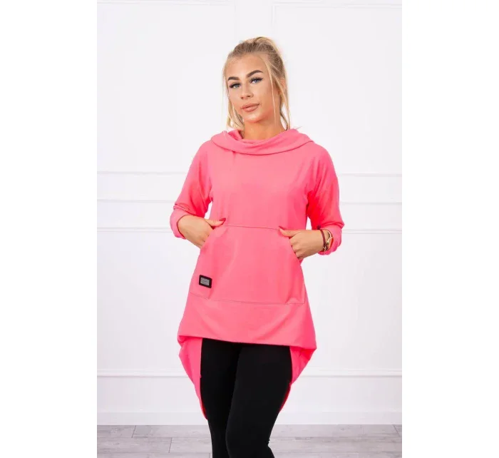 Mikina s dlhým chrbtom a kapucňou ružová neónová