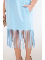 Dámske bavlnené šaty s výstrihom do V a strapcami v modrej farbe