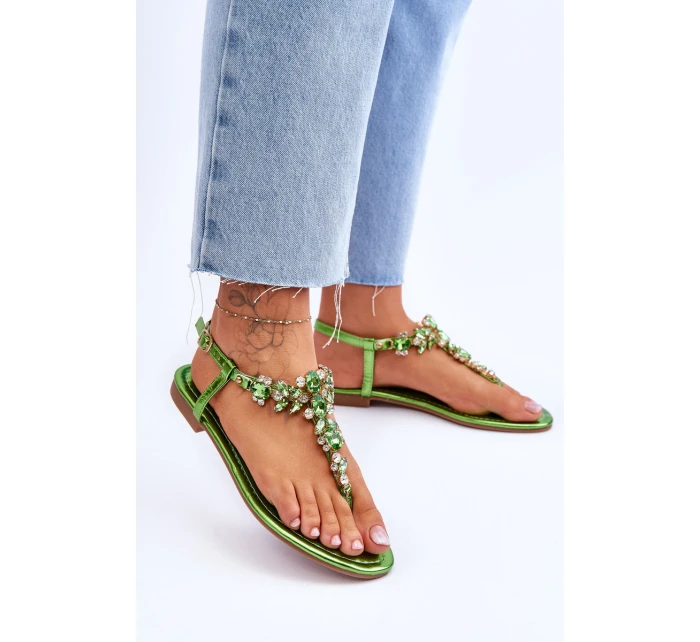 Damskie Sandały Japonki Z Kamieniami Zielone Lenisa