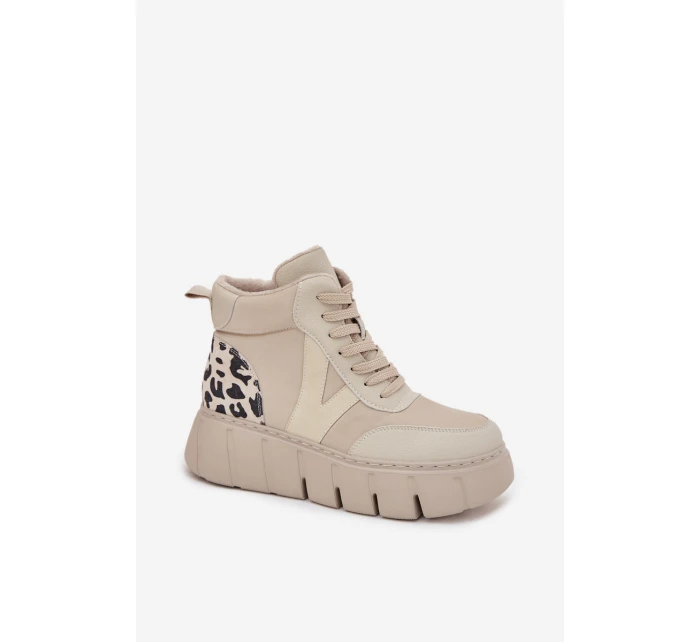 Skórzane Botki Damskie Na Platformie Ocieplane Vinceza 66838 Beżowe