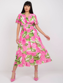 Ružové a zelené kvetinové šaty s výstrihom v tvare vreckovky
