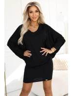 402-10 Pohodlné netopierie šaty s dlhým rukávom - čierne