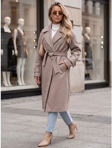Dlhý dámsky kabát s viazaním v páse, Fango FashionStreet NY0810 Dlhý dámsky kabát s viazaním v páse, Fango FashionStreet NY0810