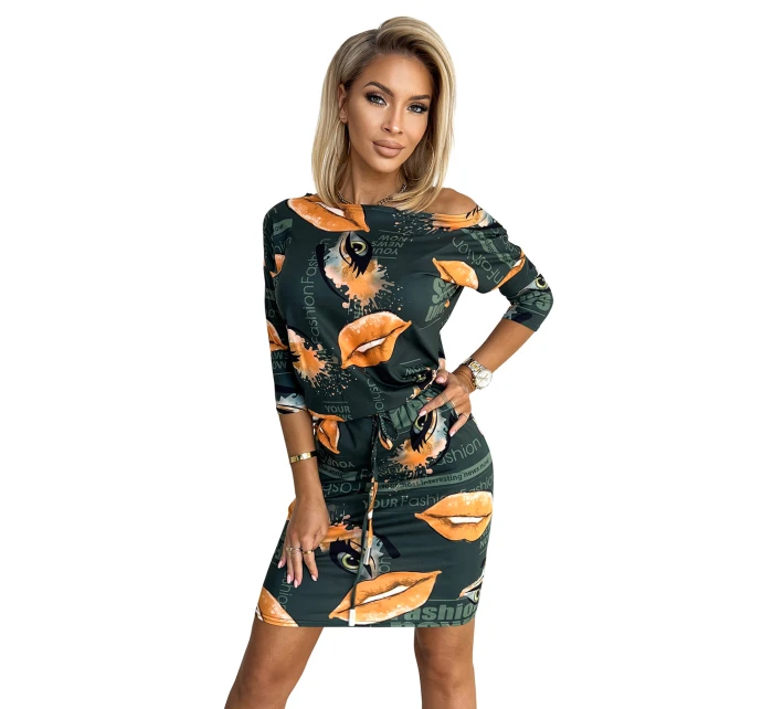 13-165 Športové šaty s vreckami - zelené + oranžové pery