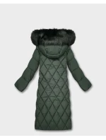 Dámska dlhá zimná bunda s kapucňou fľaškovo zelená (7688BIG)