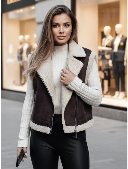 Dámská semišová vesta s ovčí kůží hnědá Dstreet model 21995432 - FashionStreet