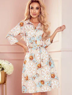 SANDY - Rozšírené dámske košeľové šaty so vzorom bielo-zlatých koliesok 286-4