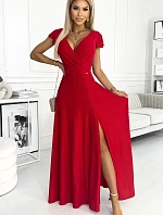 411-2 CRYSTAL dlhé lesklé šaty s výstrihom - ČERVENÉ