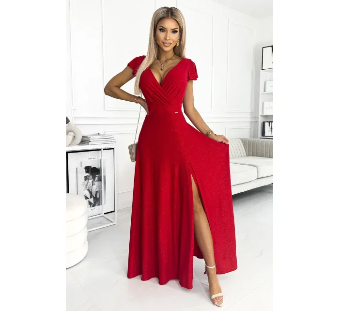 CRYSTAL Dlouhé červené lesklé dámské šaty s výstřihem model 18326796 - numoco
