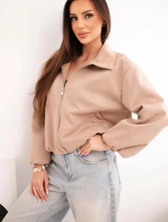 Dámska bunda so zipsom a balónovými rukávmi camel