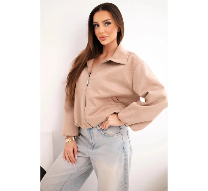 Dámska bunda so zipsom a balónovými rukávmi camel