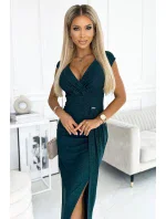 451-1 Trblietavé šaty s krátkymi rukávmi, výstrihom a rozparkom na nohách - BUTTER GREEN 451-1 Trblietavé šaty s krátkymi rukávmi, výstrihom a rozparkom na nohách - BUTTER GREEN