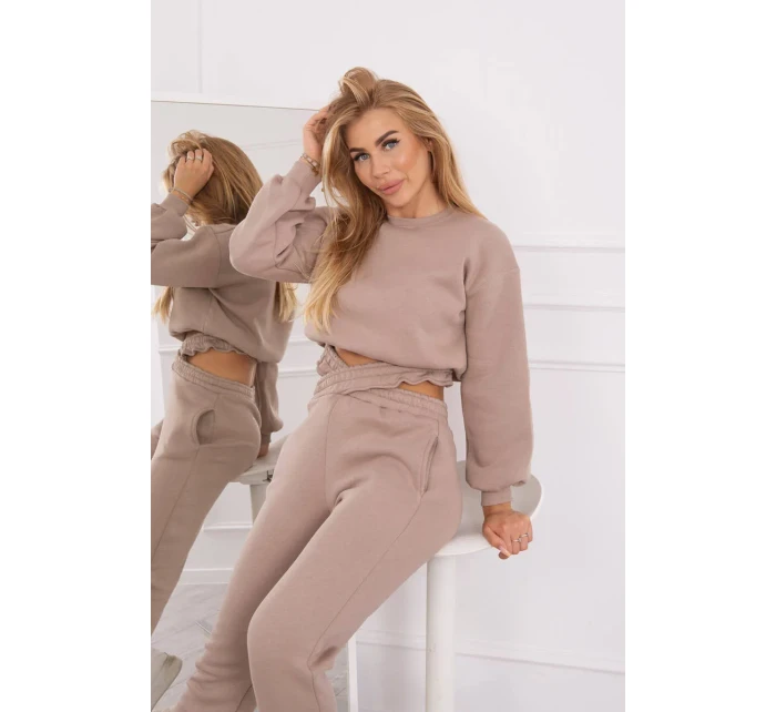 Zateplená souprava s krátkou mikinou tmavě béžová