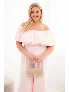 Plus veľkosť kombinéza pre ženy s odhalenými ramenami, volánom a širokými nohami púdrovo ružová