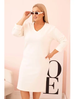 Dámské šaty Plus Size máslové s výstřihem do V a rukávem ecru