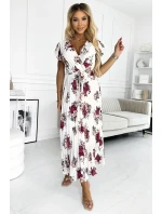 434-8 LISA Plisované midi šaty s výstrihom a volánmi - ecru + bordové kvety