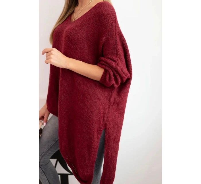 Dámský asymetrický svetr z vlny Plus Size s výstřihem do V bordový