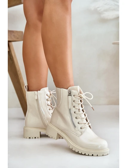 Lakierowane Botki Workery Na Zamek Ocieplane Beżowe Ravanthia