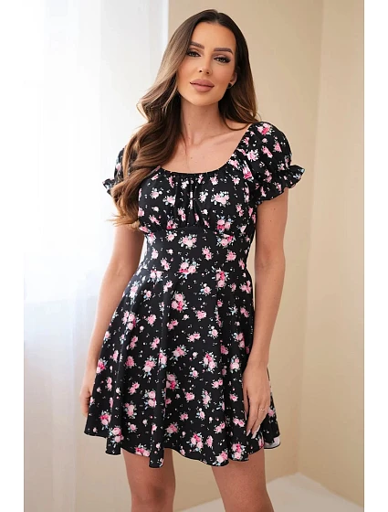 Dámske kvetinové šaty s volánovými rukávmi a elastickým pásom čierne