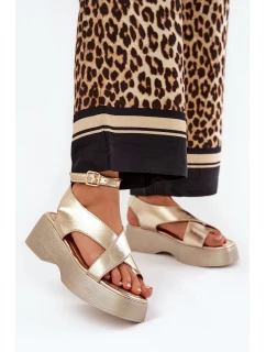 Sandały Damskie Na Platformie I Koturnie Eko Skórzane Złote Tenzorus