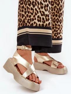 Sandały Damskie Na Platformie I Koturnie Eko Skórzane Złote Tenzorus