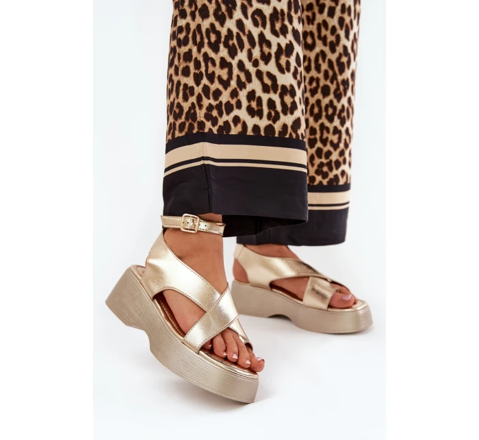 Sandały Damskie Na Platformie I Koturnie Eko Skórzane Złote Tenzorus Sandały Damskie Na Platformie I Koturnie Eko Skórzane Złote Tenzorus
