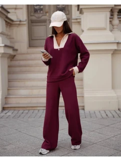 Blúzka so stojačikom a široké nohavice s vreckami bordová (VE107)