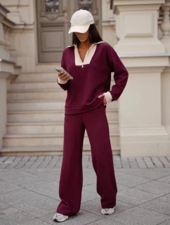 Dámský komplet mikina se stojáčkem a široké kalhoty s kapsami ve vínové bordó barvě model 21470467 - Moon