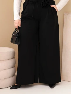 Plus veľkosť dámske široké nohavice s ozdobným kvetom v páse čierna