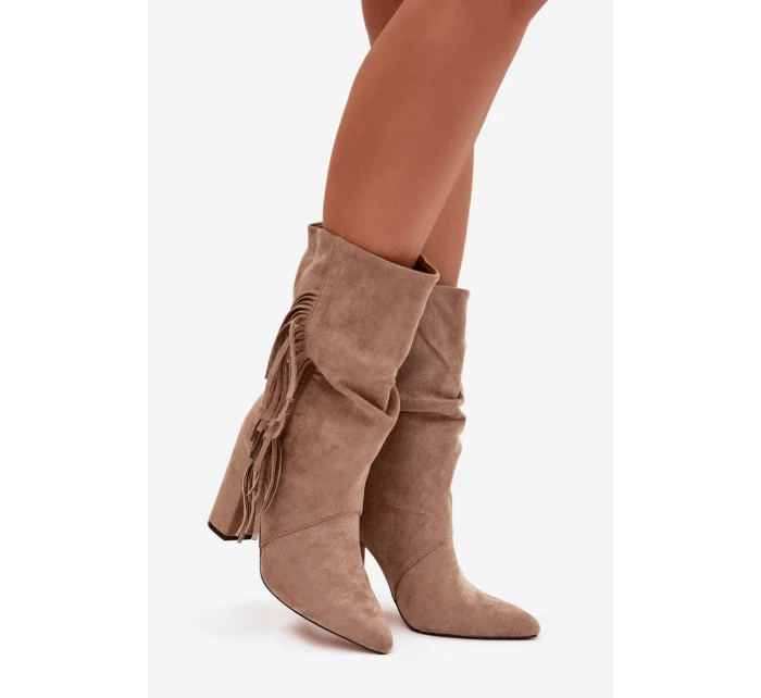 Dámské kotníkové boty na podpatku s třásněmi a stahováním vyhřívané béžové Darlina Dámské kotníkové boty na podpatku s třásněmi a stahováním vyhřívané béžové Darlina