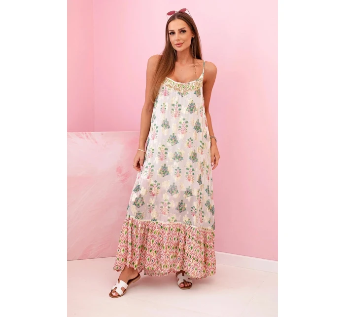 Dámské šaty na ramínka ze světlé viskózy s volánem růžový