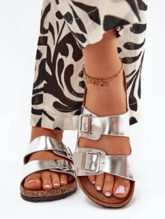 Damskie Klapki Na Korkowej Platformie Z Klamrami Srebrne Vesina