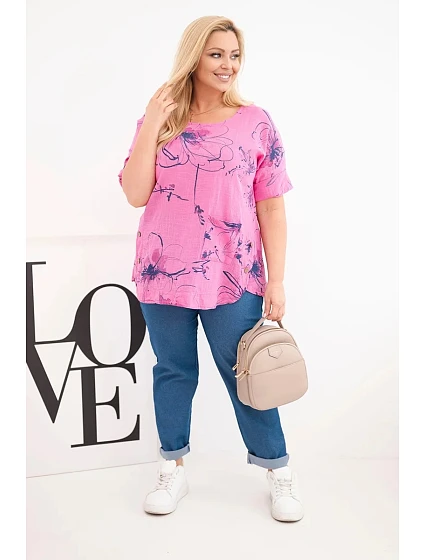 Dámská bavlněná halenka Plus Size s krátkým rukávem a kapsou růžová Dámská bavlněná halenka Plus Size s krátkým rukávem a kapsou růžová