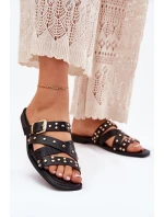 Zdobené Dámské Pantofle Na Plochém Podpatku S Pásky A Přezkou Černé model 21699522 - Boto Zdobené Dámské Pantofle Na Plochém Podpatku S Pásky A Přezkou Černé model 21699522 - Boto