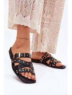 Zdobené Dámské Pantofle Na Plochém Podpatku S Pásky A Přezkou Černé model 21699522 - Boto