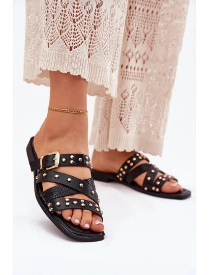 Zdobené Dámské Pantofle Na Plochém Podpatku S Pásky A Přezkou Černé model 21699522 - Boto Zdobené Dámské Pantofle Na Plochém Podpatku S Pásky A Přezkou Černé model 21699522 - Boto