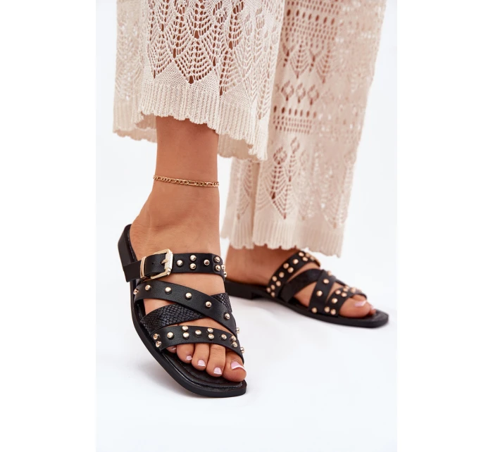 Zdobené Dámské Pantofle Na Plochém Podpatku S Pásky A Přezkou Černé model 21699522 - Boto Zdobené Dámské Pantofle Na Plochém Podpatku S Pásky A Přezkou Černé model 21699522 - Boto