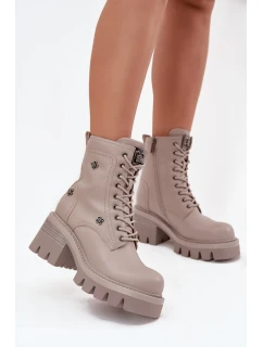 Kožené Workery Dámské Na Klocku S Pripinkami Artiker 57C0181 Béžové