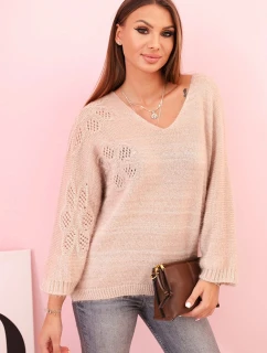 Dámsky mohérový sveter voľného strihu s výstrihom do V, béžový
