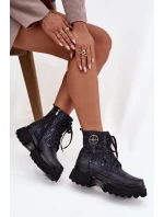 Kožené dámské boty na platformě s nápisy a ozdobným detailem model 21712061 tmavě modré - Artiker