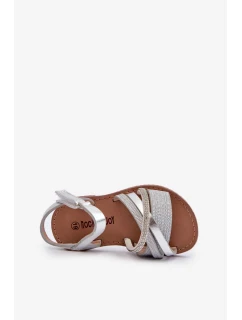 Lesklé strieborné detské sandále so suchým zipsom Delphina