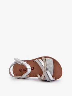 Lesklé strieborné detské sandále so suchým zipsom Delphina