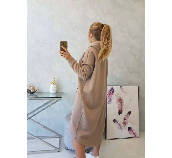 Zateplené šaty s kapucňou tmavo béžové