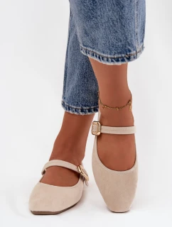 Dámske baleríny z eko semišu s opaskom a zlatou prackou Adelora - svetlo béžové