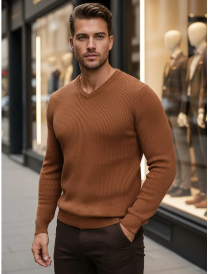 Pánský velbloudí svetr Dstreet model 21982666 - FashionStreet Pánský velbloudí svetr Dstreet model 21982666 - FashionStreet