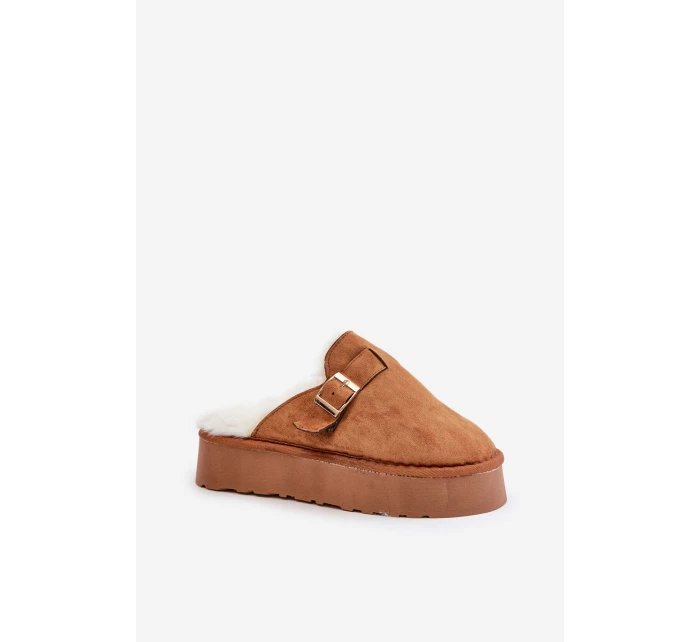 Kapcie Damskie Na Grubej Podeszwie Z Futerkiem I Klamrą Camel Linneola Kapcie Damskie Na Grubej Podeszwie Z Futerkiem I Klamrą Camel Linneola