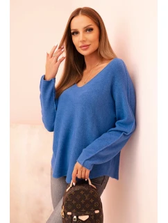 Dámsky viskózový sveter s výstrihom do V tmavý denim