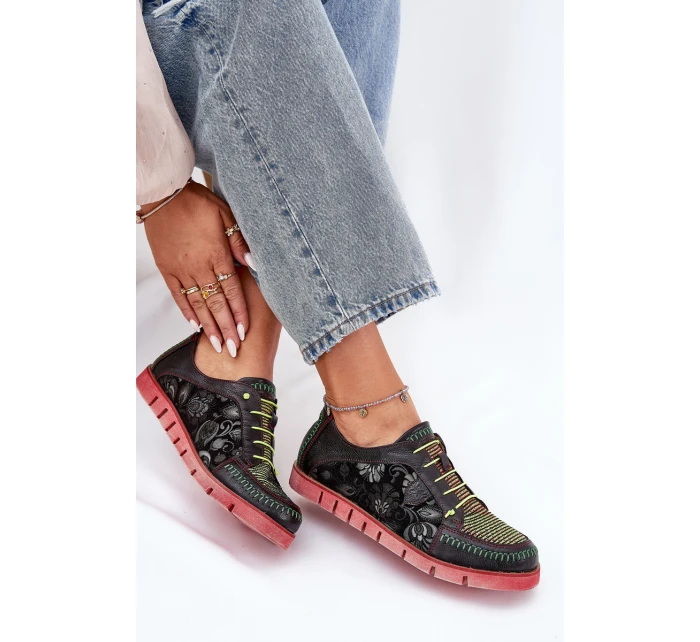 Skórzane Półbuty Damskie Wzorzyste Maciejka 06784-20 Czarne